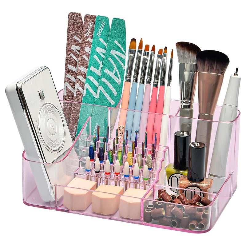 CGBE Nail Drill Holder, 28 Holes Transparent Acrylic Drill Bit Holder for Nails, Professional Nail Tool Organizer and Nail Desk Organizer -Pink (Not Including Nail Drill Machine & Bit) - Image 1